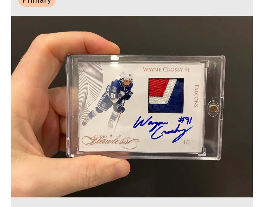 A hockey trading card of Wayne Crosby from the Atlanta Falcons, featuring an action shot, a fabric patch, and his autograph.