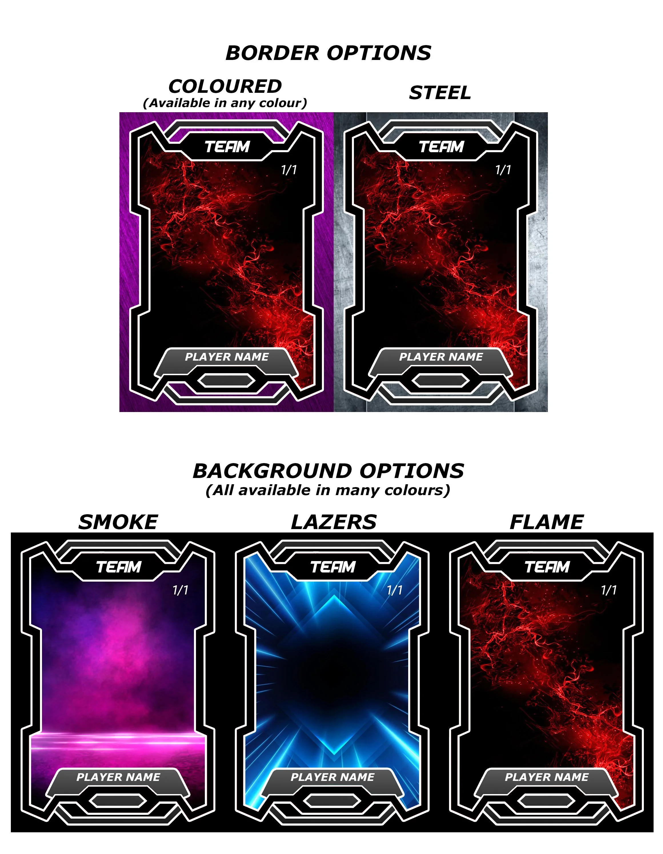A collection of gaming card templates with different backgrounds and border options, including colored and steel styles, featuring vibrant abstract designs such as red lightning, purple nebula, or blue energy bursts, with space for team and player names.