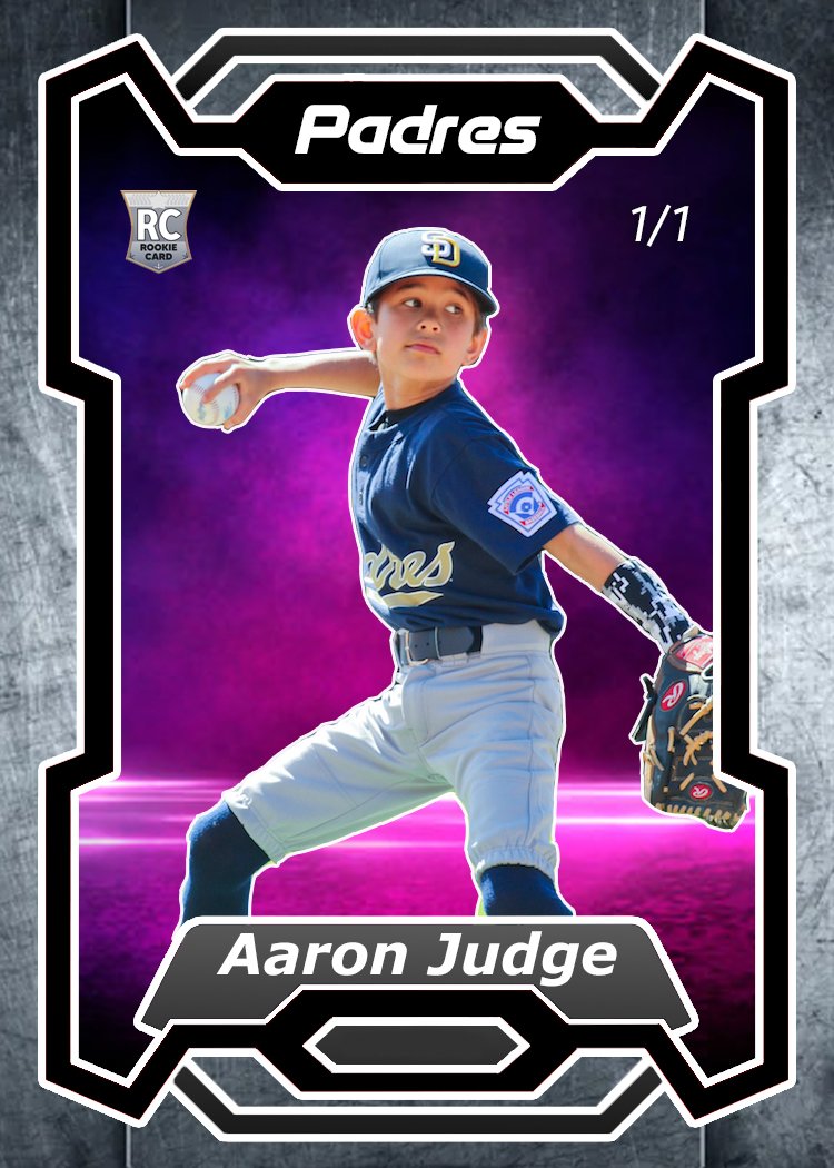 A baseball card featuring a young boy in a Padres uniform, holding a baseball in a throwing position. The card displays the name Aaron Judge and includes a rookies card label.