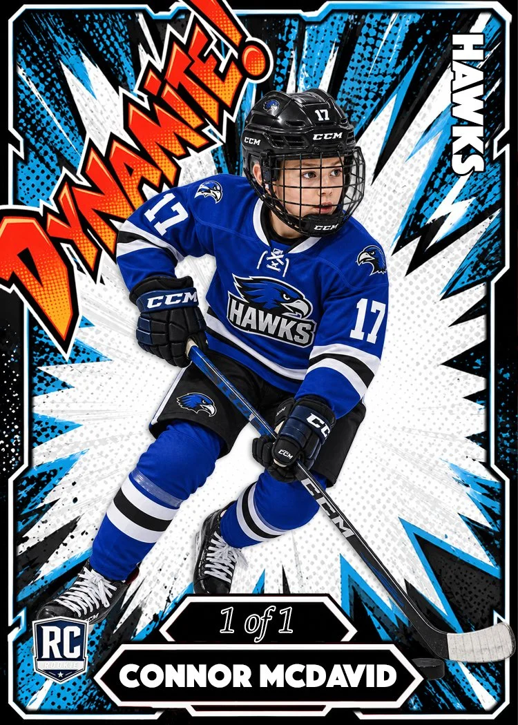 Hockey player in blue Hawks uniform holding a hockey stick on a comic-style background with the words 'Hockey Mite,' 'Hawks,' and '1 of 1,' with Connor McDavid's name at the bottom and an RC Rookie badge.