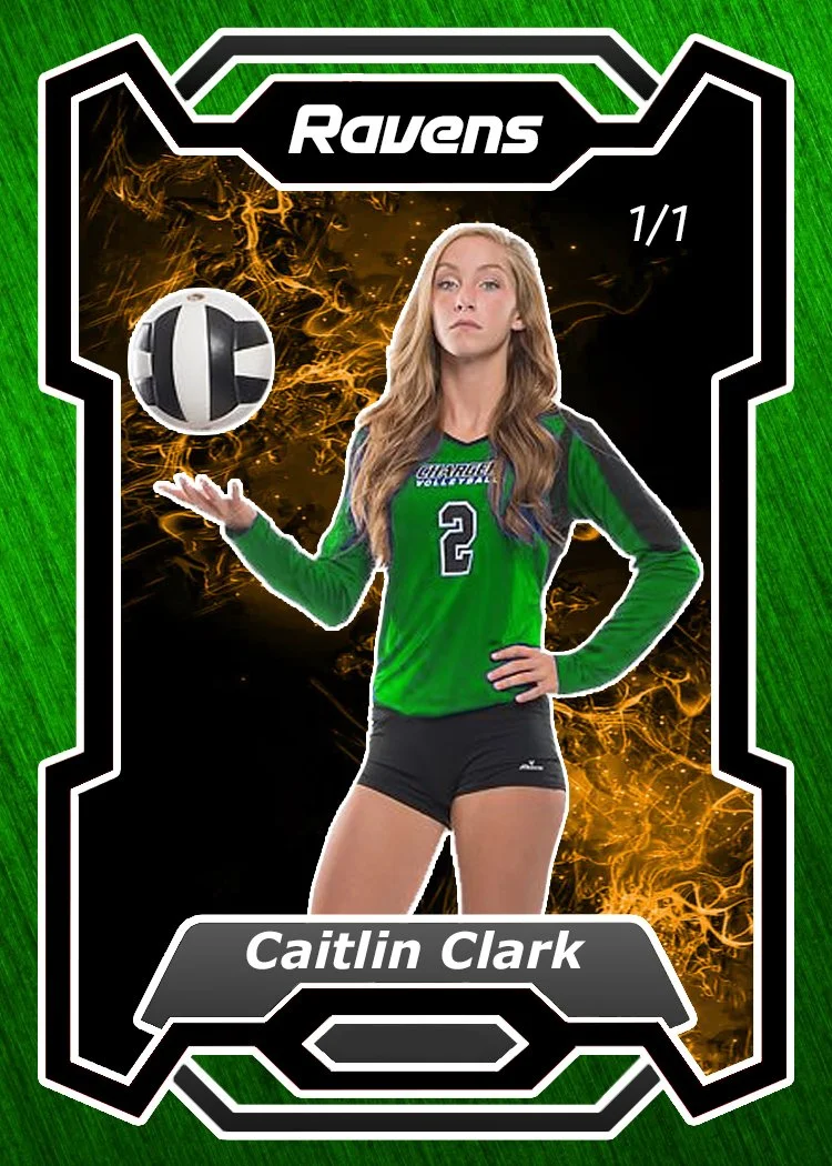 A volleyball trading card featuring Caitlin Clark from the Ravens team. She is wearing a green sports jersey with the number 2 and black shorts, holding a volleyball in her right hand against a black and fiery orange background with green border.