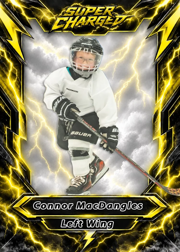 Hockey player Connor MacDangles wearing a white jersey with black and white hockey skates, holding a hockey stick on a background with lightning and storm clouds, a yellow and black border, and the words 'Super Charged' at the top and 'Connor MacDangles Left Wing' at the bottom.