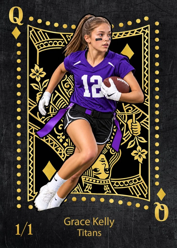 A young girl in a purple football uniform running with a football, set against a stylized playing card background with gold details and the text 'Grace Kelly, Titans'.