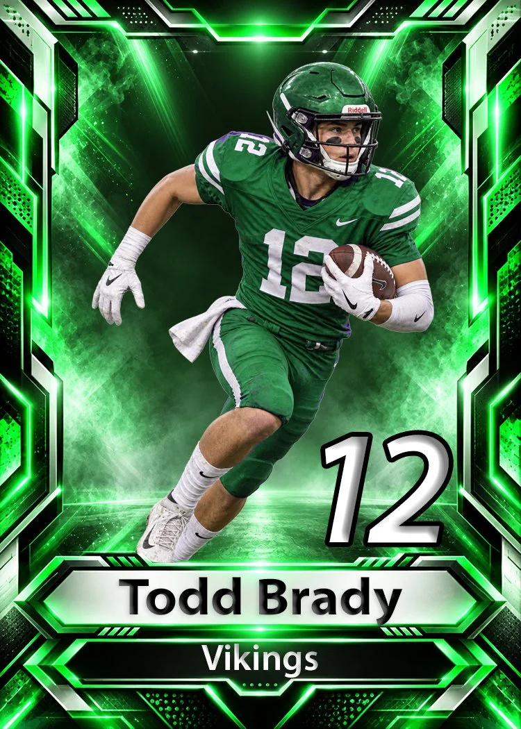 Sports trading card of Todd Brady, a football player for the Vikings, wearing a green uniform and helmet, running with a football.