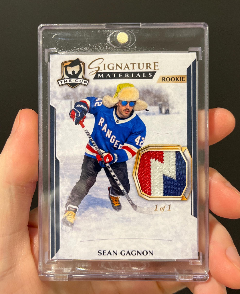 Hockey trading card featuring Sean Gagnon in a blue Rangers jersey with player number 42, wearing a furry hat and sunglasses, on ice with hockey stick, and a patch with red, white, and blue colors.