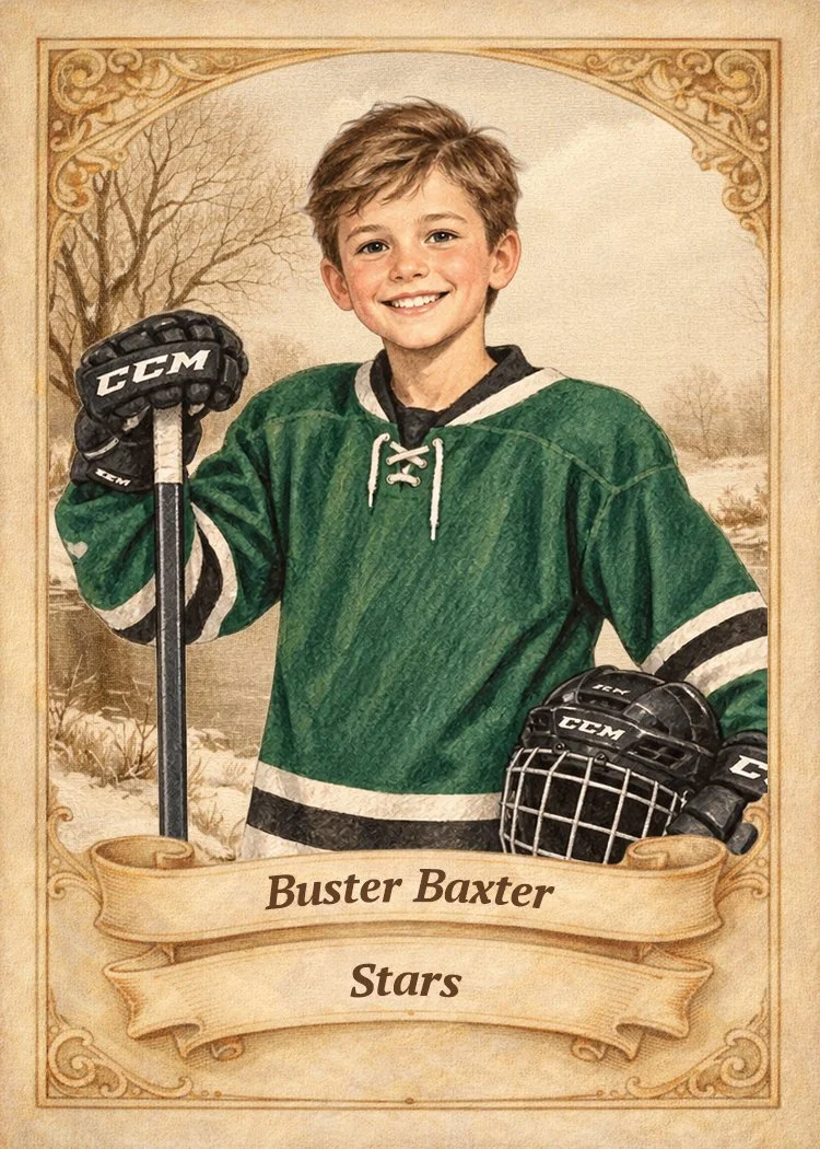 A young boy wearing a green hockey jersey holding a hockey stick and a helmet, smiling, with a vintage style background and a banner reading 'Buster Baxter Stars'.