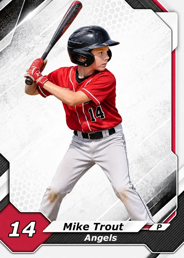 A young baseball player in a red jersey and gray pants, wearing a black helmet, holding a bat ready to swing.