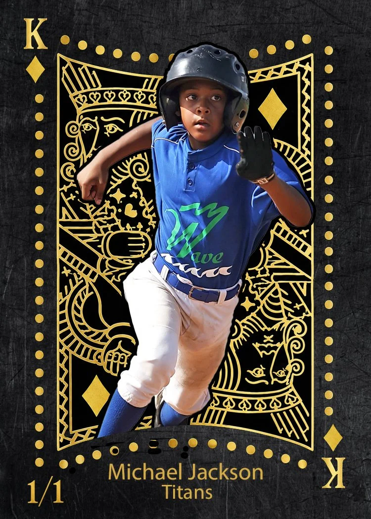 Young boy in baseball uniform with helmet and gloves running on a stylized playing card background featuring gold designs, King of diamonds, with text 'Michael Jackson Titans' and '1/1' at the bottom, resembling a playing card art.