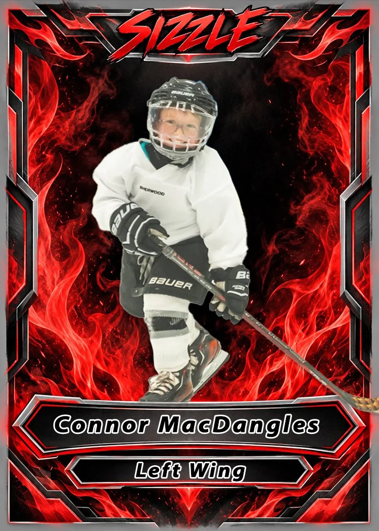 A young hockey player in a white uniform and black helmet, holding a hockey stick, on a fiery red and black background with the name "Connor MacDangles" and positions marked as "Left Wing."