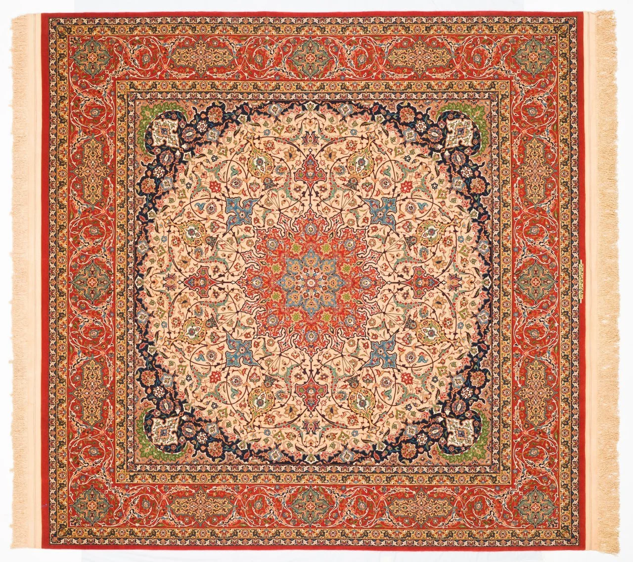 Square hand-knotted Isfahan carpet with ivory medallion and red border