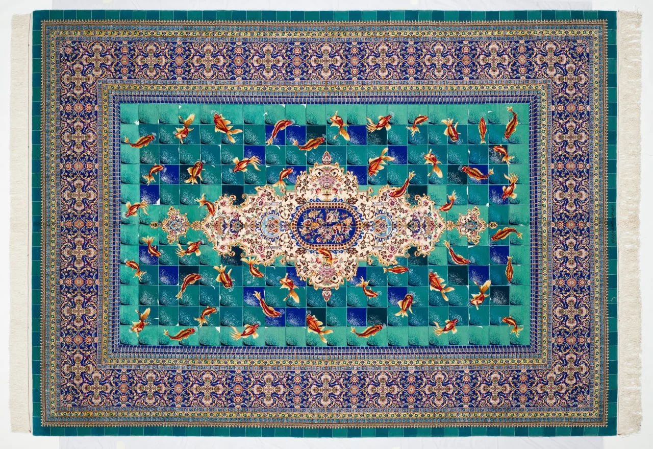 Pictorial Persian carpet with goldfish on a turquoise tiled field