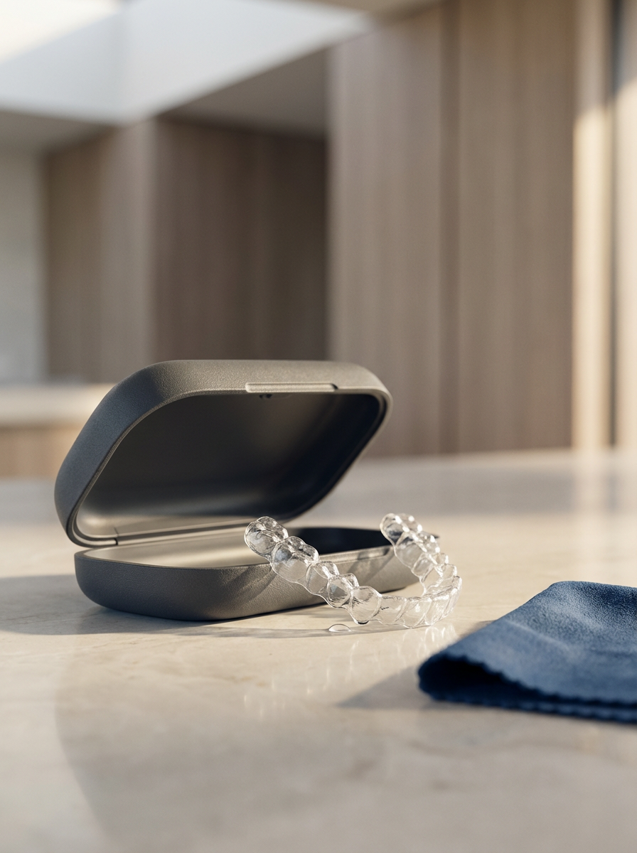 Clear Invisalign aligners resting beside their case.