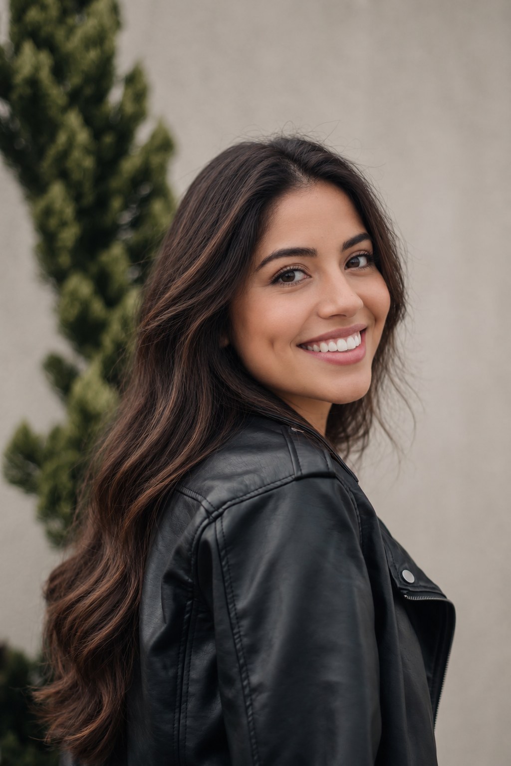 Young woman smiling outdoors in a leather jacket.