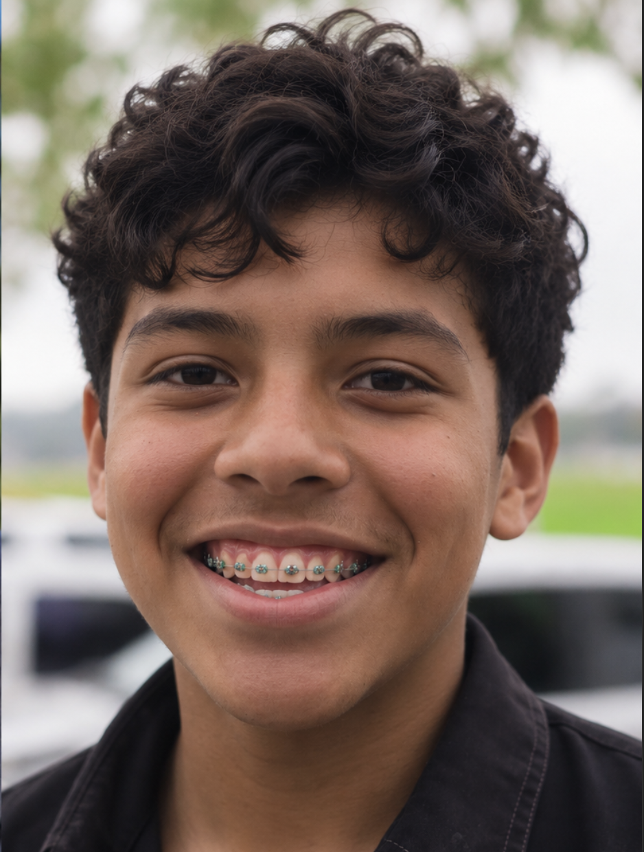 Teenage boy smiling outdoors with metal braces.