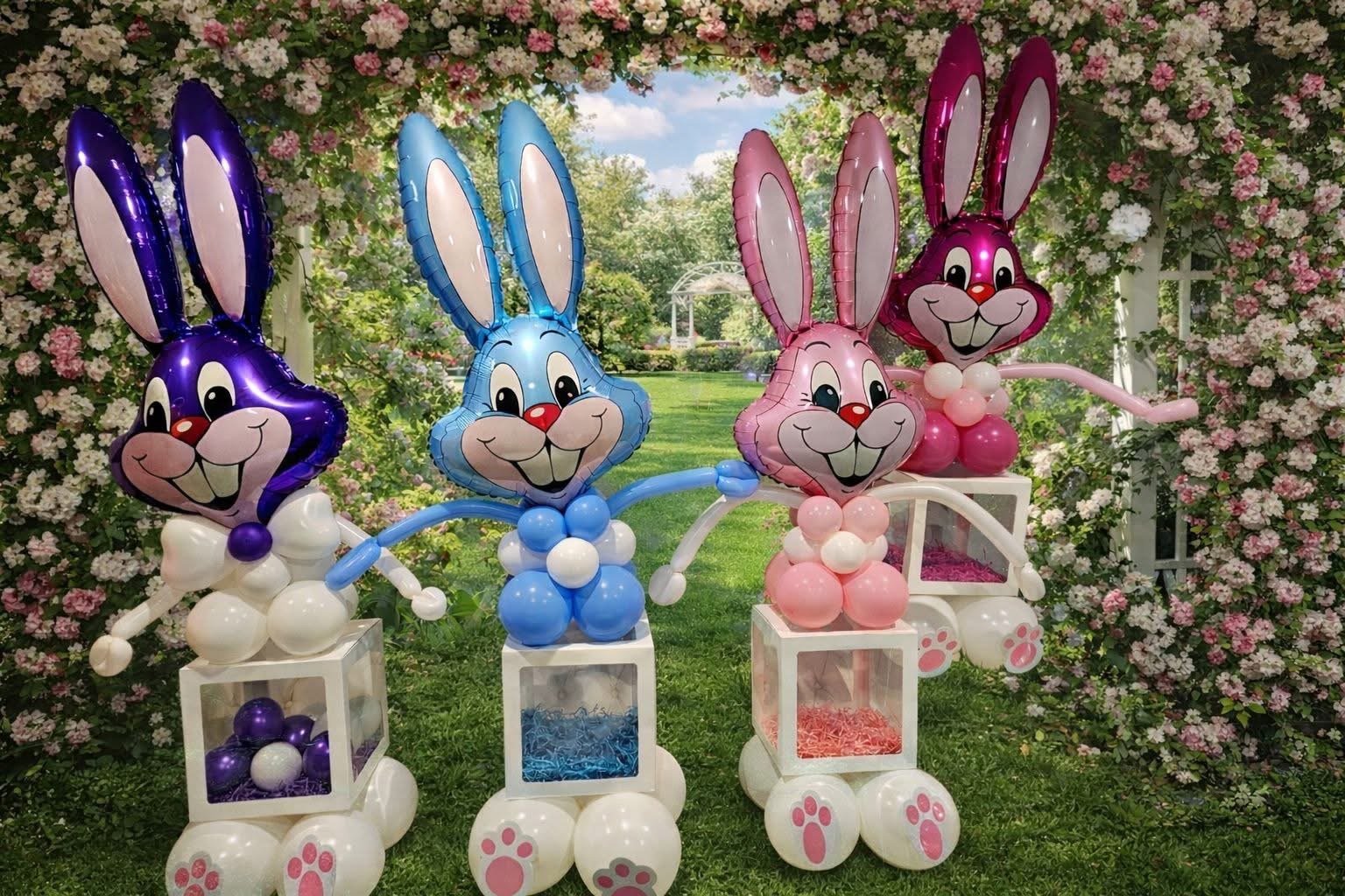 Decorative balloons shaped like cartoon bunnies in purple, blue, pink, and purple, with floral archway and garden background.