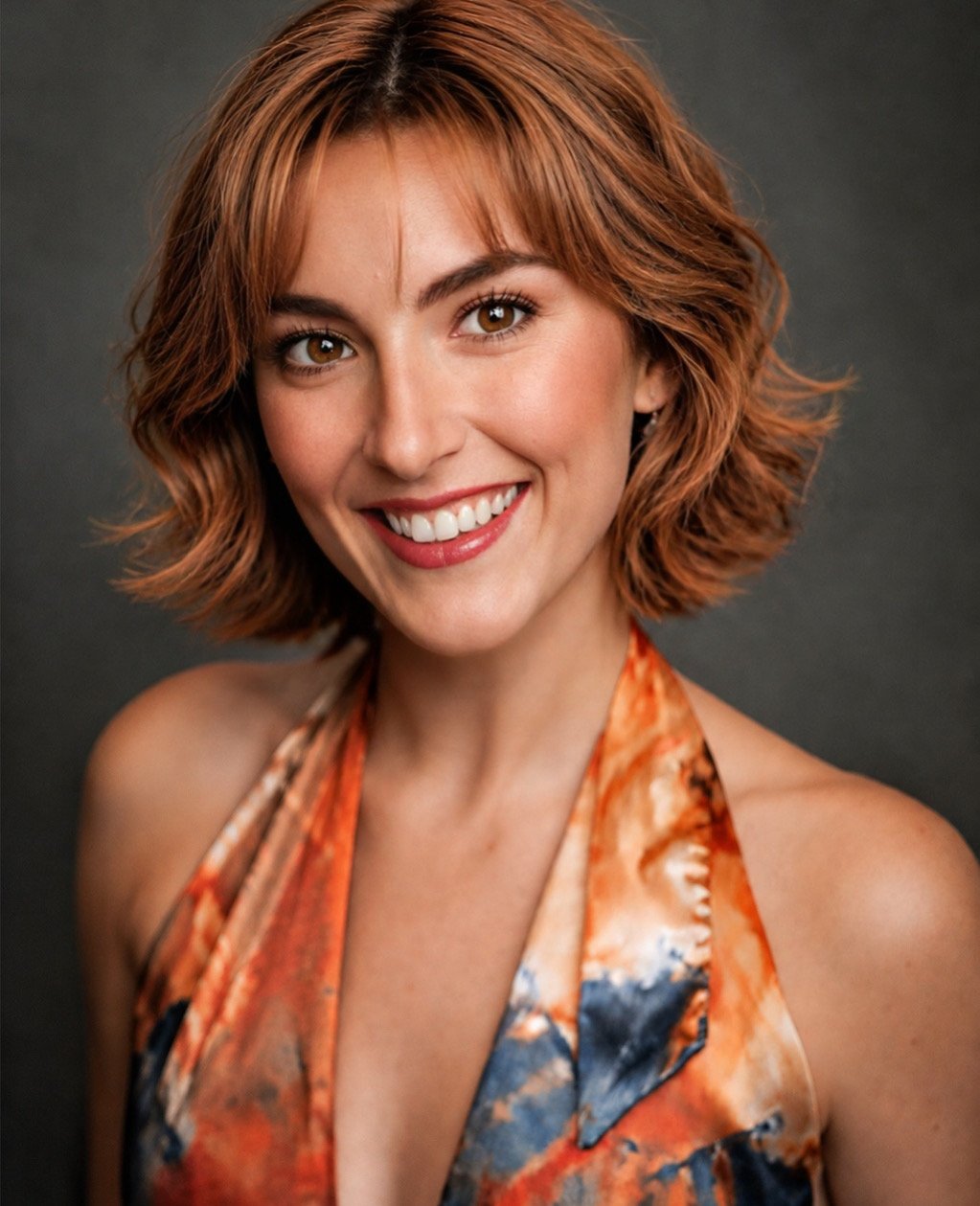 A woman with wavy, shoulder-length reddish-brown hair, smiling and showing her teeth, wearing a colorful patterned halter top against a dark gray background.
