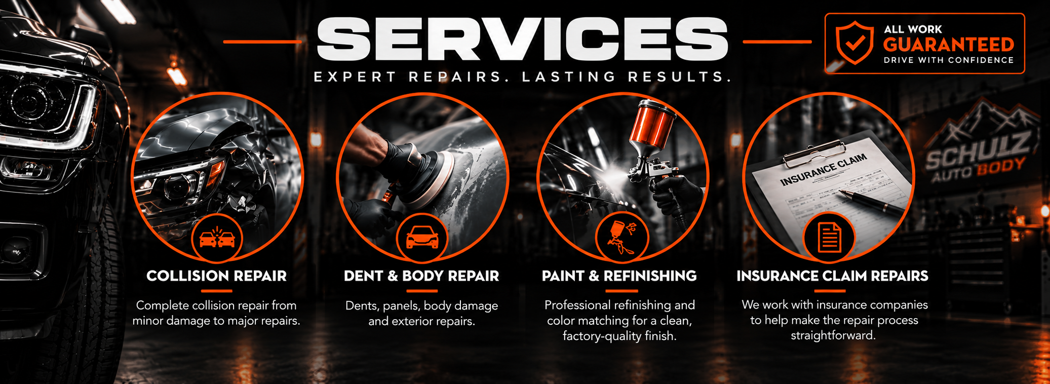 Poster for automotive services featuring black cars and orange accents, showcasing collision repair, dent and body repair, paint and refinishing, and insurance claim repairs with related icons and brief descriptions.