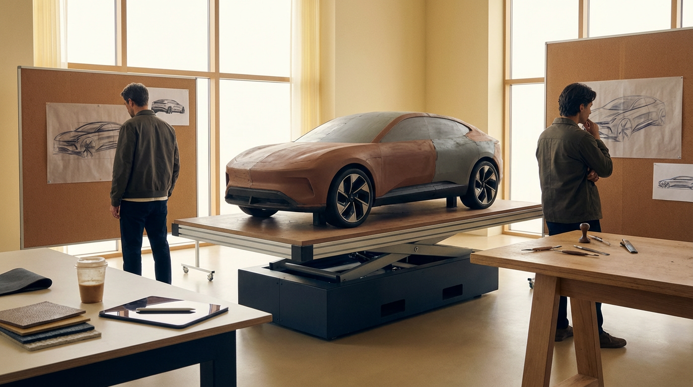 Two men observe a replica of a car design on a table in a studio with sketches of car designs on the walls.