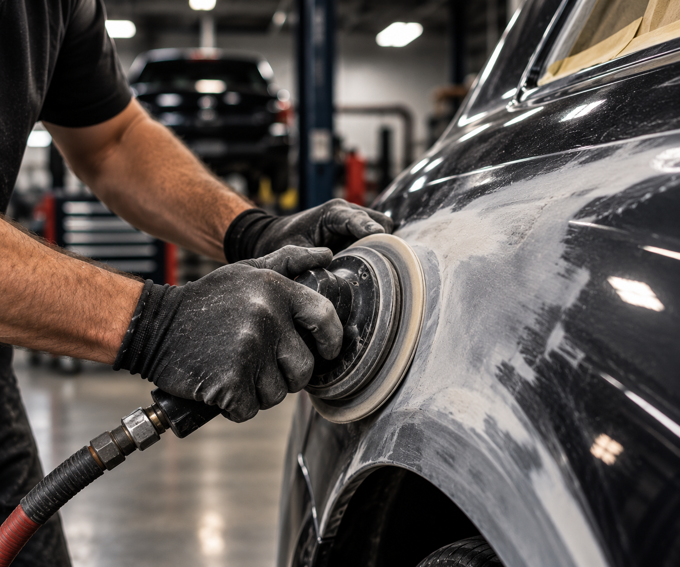 A mechanic wearing black gloves polishes a black car using a polishing tool in an auto shop.