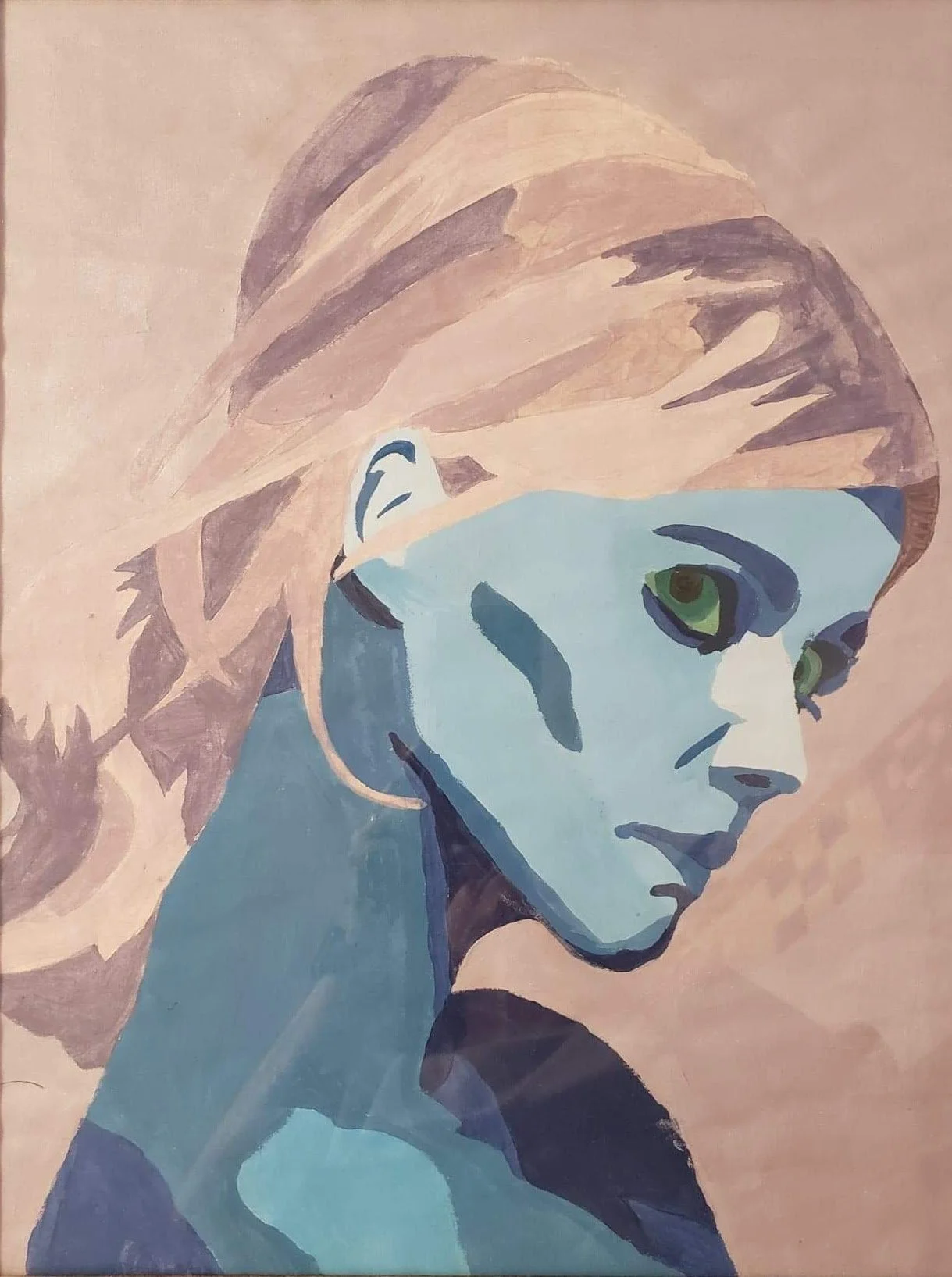 Painting in cool colors of a woman with green eyes, blue skin, and purple hair