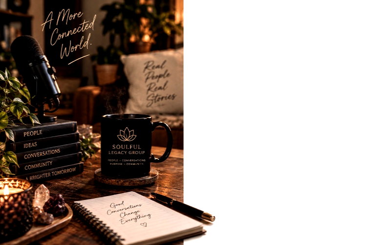 A cozy workspace with a black mug labeled 'Soulful Legacy Group,' a notebook with handwritten notes and a pen, a stack of books titled 'People, Ideas, Conversations, Community, A Brighter Tomorrow,' a glowing candle, a microphone, and a background with a cushion reading 'Real People Real Stories' and a sign saying 'A More Connected World.'