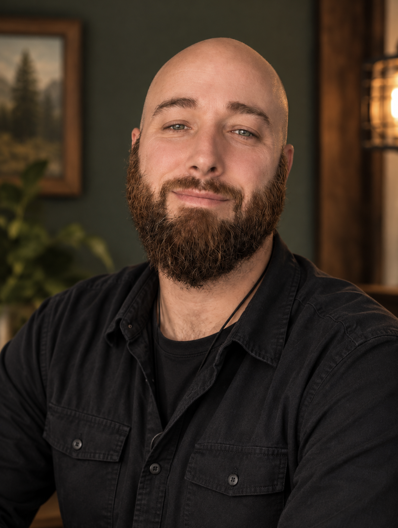 A man with a bald head and a full beard, wearing a black shirt, sitting in a cozy indoor setting with warm lighting. There is a framed picture of a landscape on the wall behind him, with some greenery partially visible.