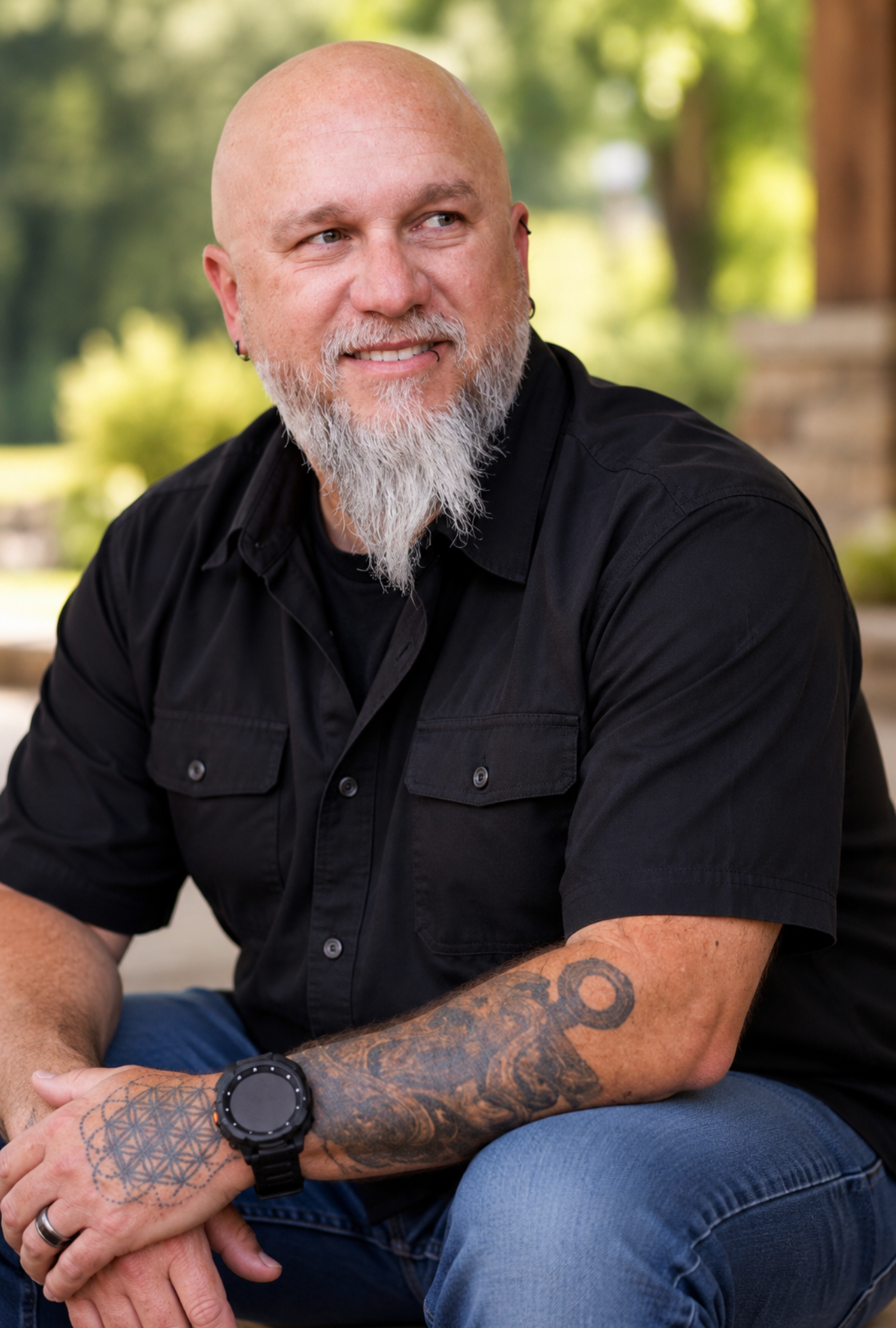 A bald man with a white beard, earrings, and tattoos on his arms, sitting outdoors in a park or wooded area, smiling and looking to the side.