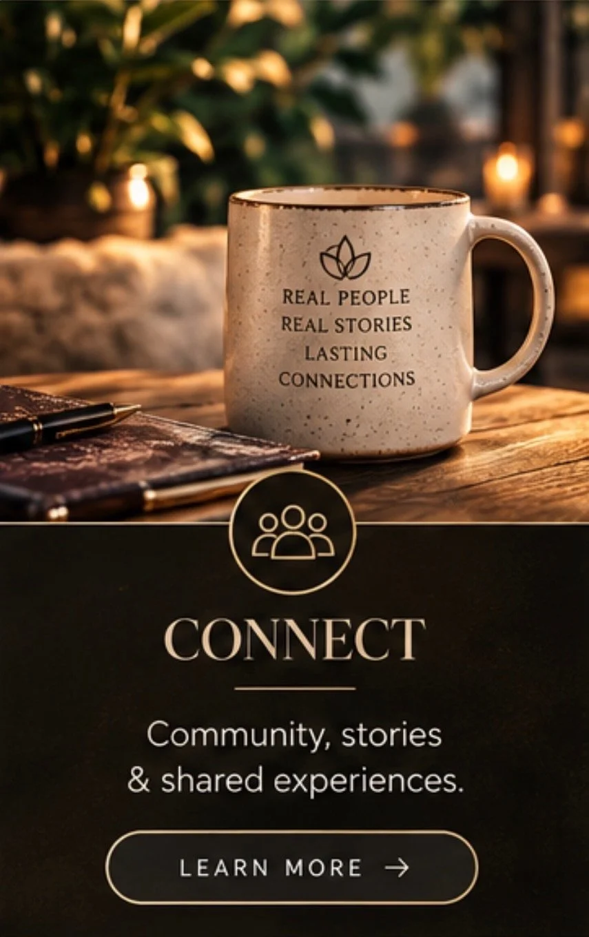 A ceramic mug with a lotus flower logo and text reading "Real people, real stories, lasting connections," on a wooden table with a pen and notebook nearby. The background features blurred warm lighting and greenery.
