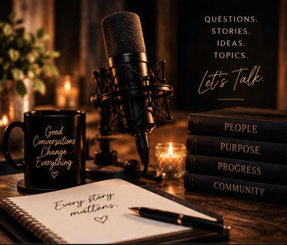 A cozy podcast setup featuring a microphone, a cup with the quote 'Good Conversations Change Everything,' stacked books titled 'People,' 'Purpose,' 'Progress,' and 'Community,' a lit candle, a notebook with the phrase 'Every story matters,' and a pen. The background has warm, ambient lighting and wooden decor.