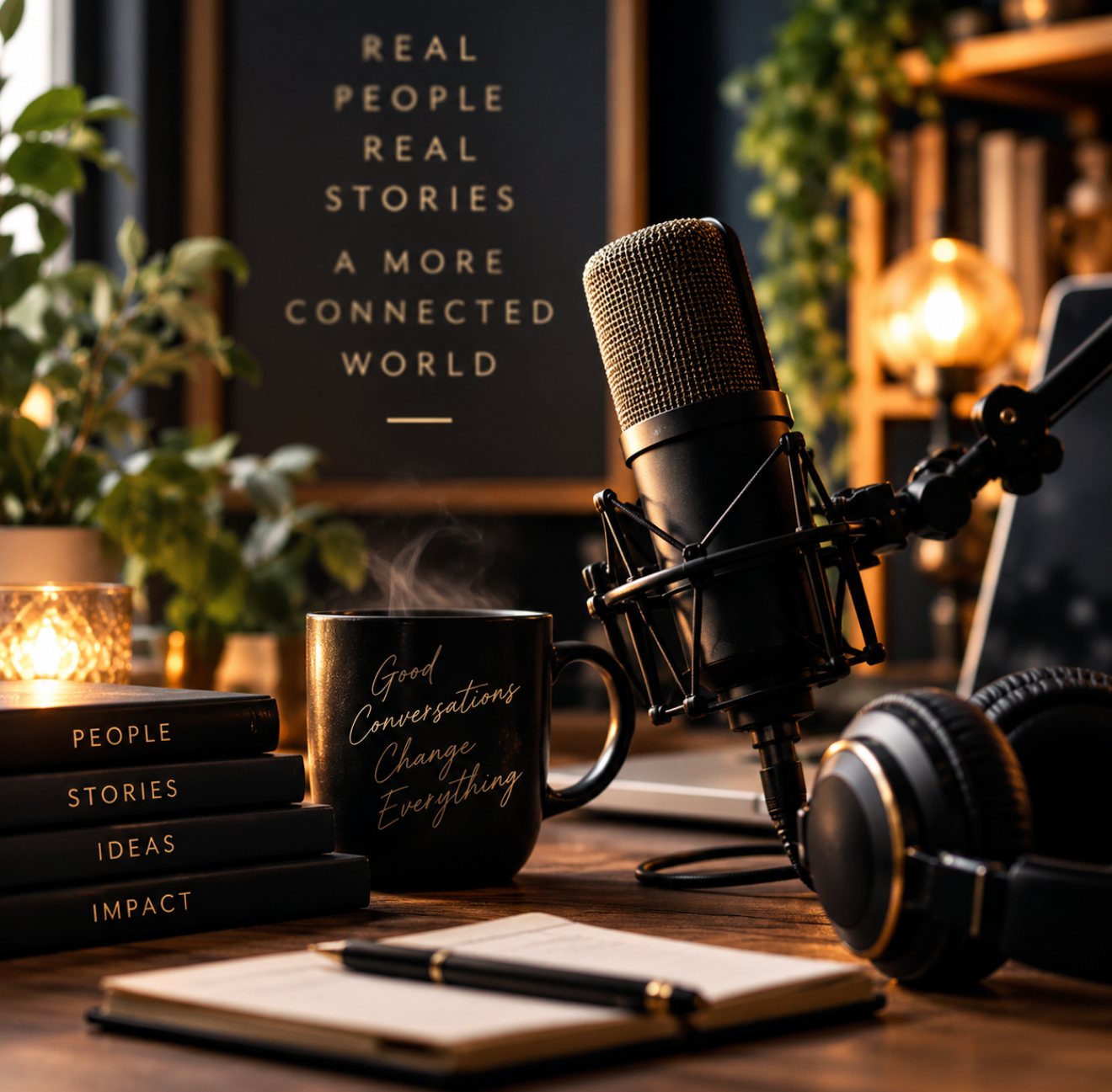 A podcasting workspace with a microphone, headphones, a black mug with gold writing, a notebook, and a stack of books, with a blackboard in the background displaying a quote.