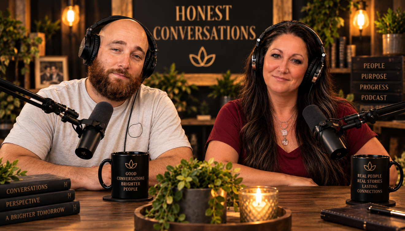 A man and a woman sit at a wooden table in a podcast studio with microphones, headphones, and black coffee mugs. The background features a sign that says "Honest Conversations" and shelves with plants, books, and framed photos. There are books on the table titled "Conversations" and "Perspective," along with a small lit candle and green plants.