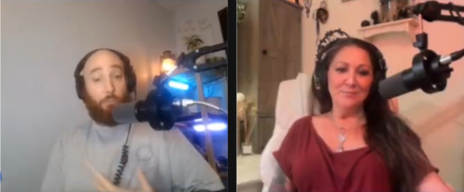 Two people sitting in separate rooms, participating in a video call with microphones and headphones, with equipment and decor in their backgrounds.