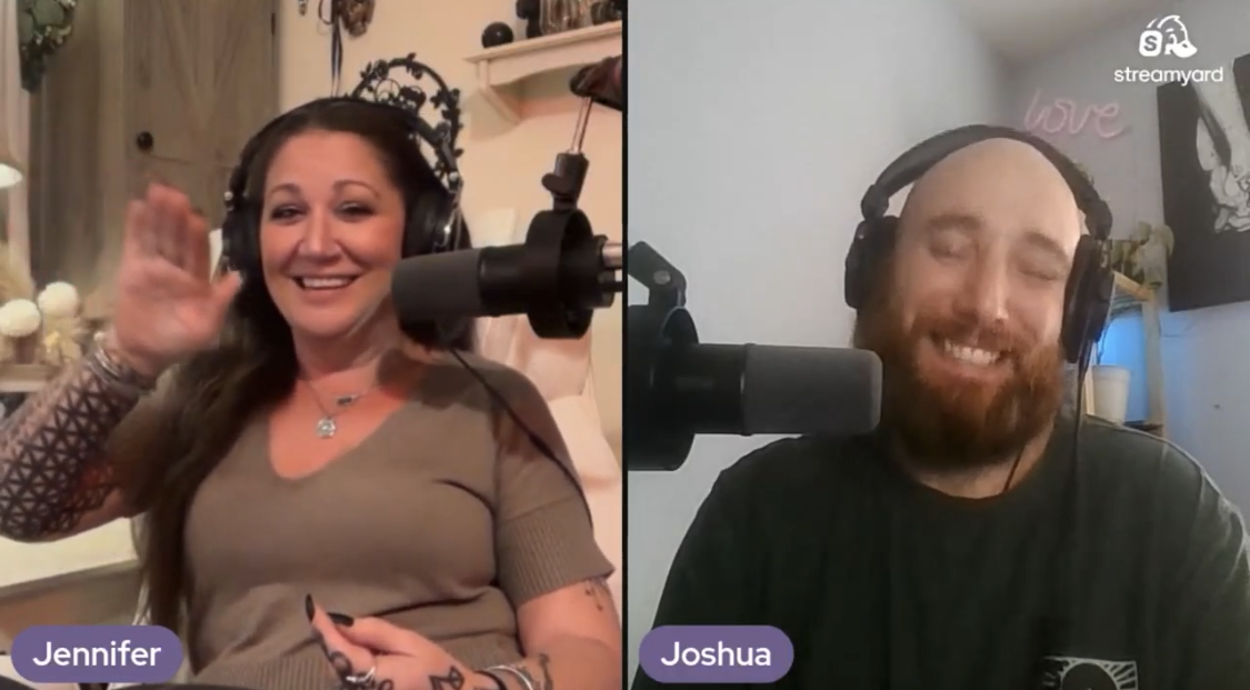 Split-screen video call with Jennifer on the left and Joshua on the right, both wearing headphones and speaking into microphones, smiling.