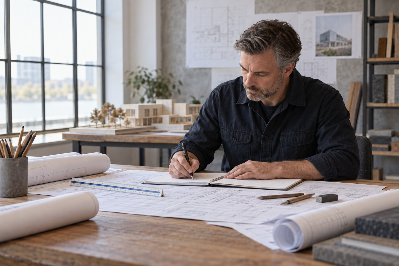An architect working at a table with blueprints and a scale ruler, in a well-lit studio with architectural models and drawings on the wall.