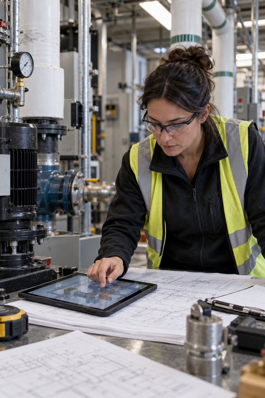 A female engineer or technician wearing safety glasses and a high-visibility yellow vest working on technical blueprints and digital tablet in an industrial or manufacturing facility.