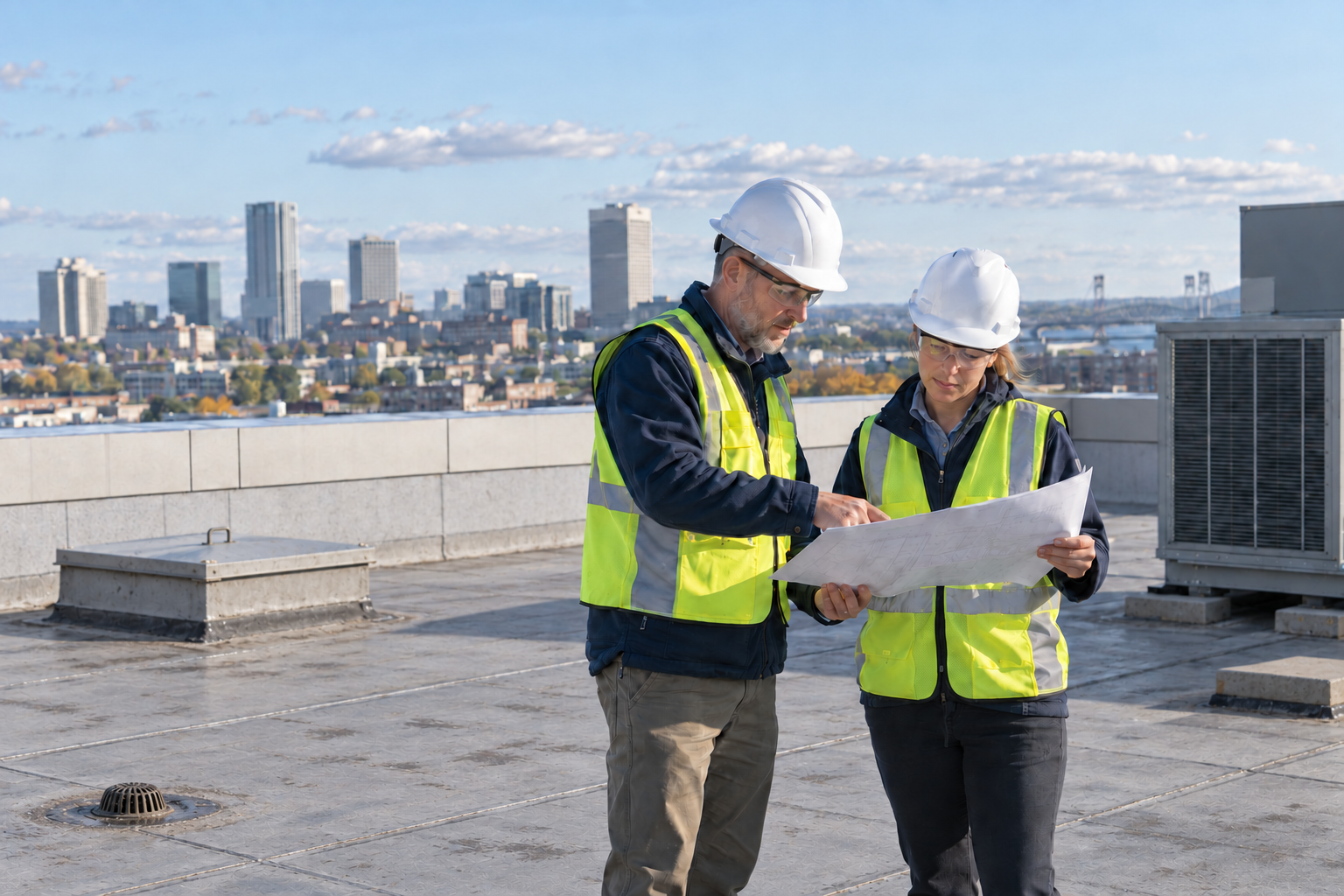 Two construction workers, a man and a woman wearing safety helmets and reflective vests, review blueprints on a rooftop with city skyline in the background.