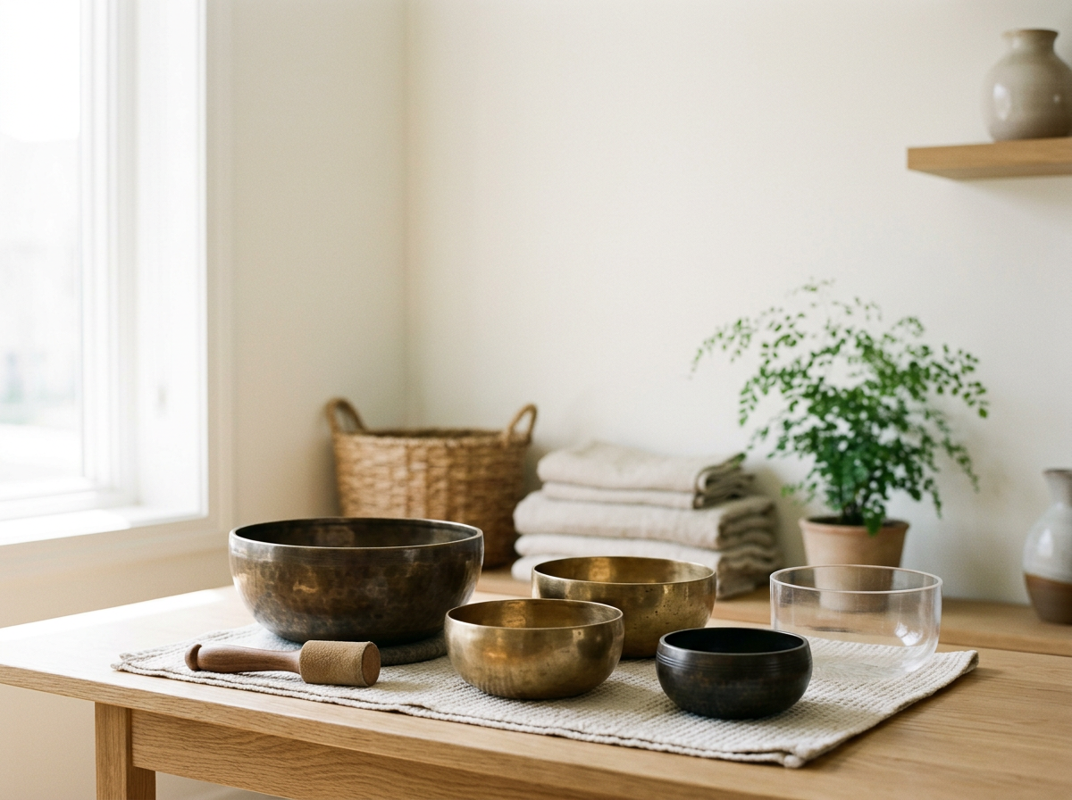 Various metal singing bowls and a glass bowl arranged on a wooden table in a bright room with a window, towels, a wicker basket, and potted plants visible in the background.