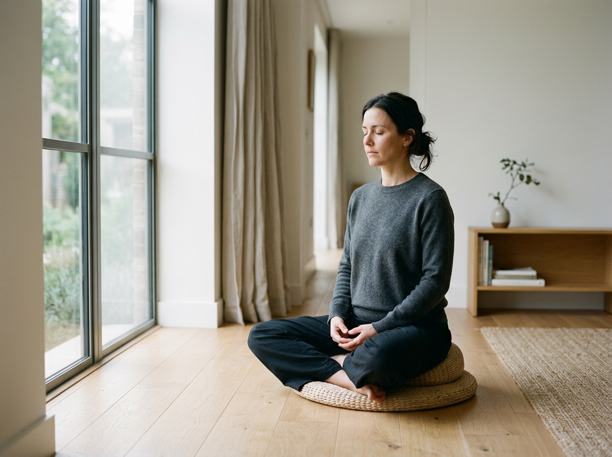A woman is sitting cross-legged on a cushion, practicing meditation with eyes closed in a bright room near large windows with curtains, wooden flooring, a small bookshelf, and a potted plant in the background.
