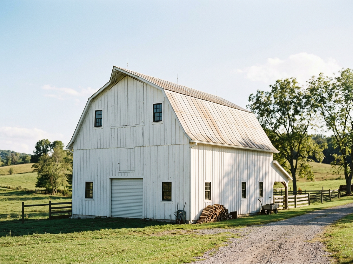 White barn with metal roof on a rural farm, surrounded by green grass and trees, with a gravel driveway in front.