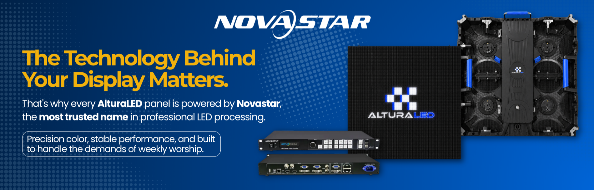 Advertisement for Novastar LED display technology, showing LED control panels, LED display module, and LED display panel with text highlighting high-quality LED processing and performance.