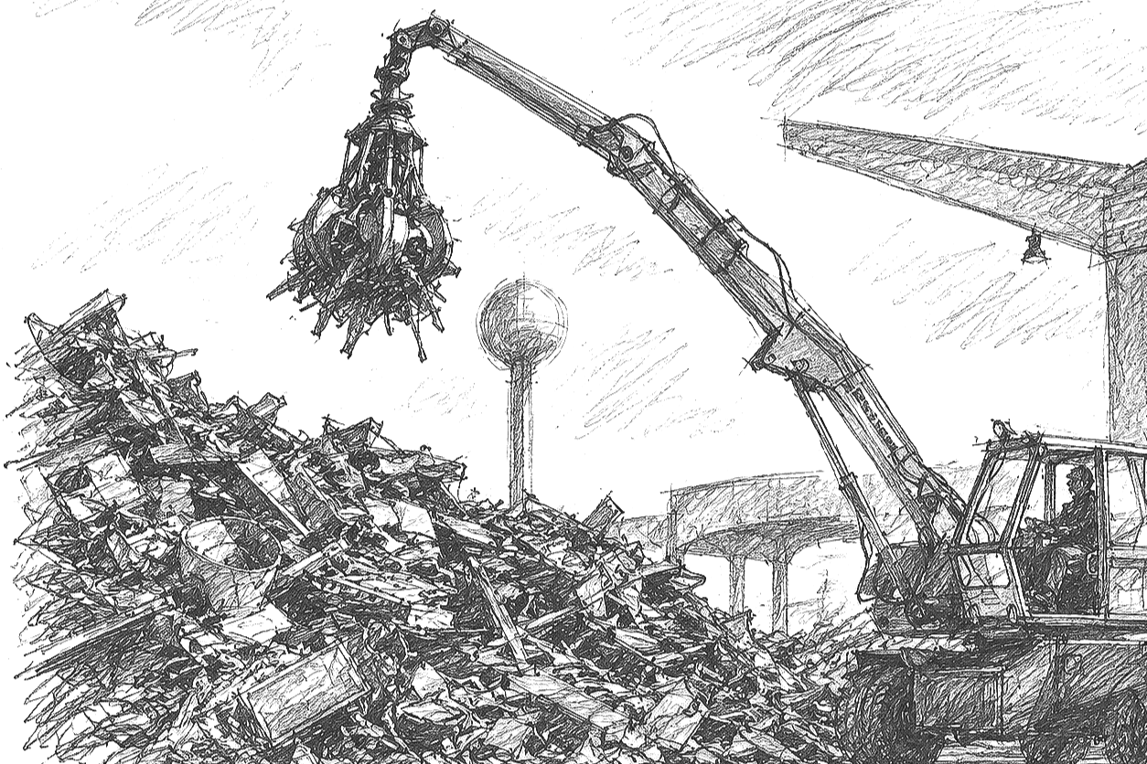 A sketch of a construction site with a crane removing debris from a large pile of rubble, possibly at a demolition or renovation site.