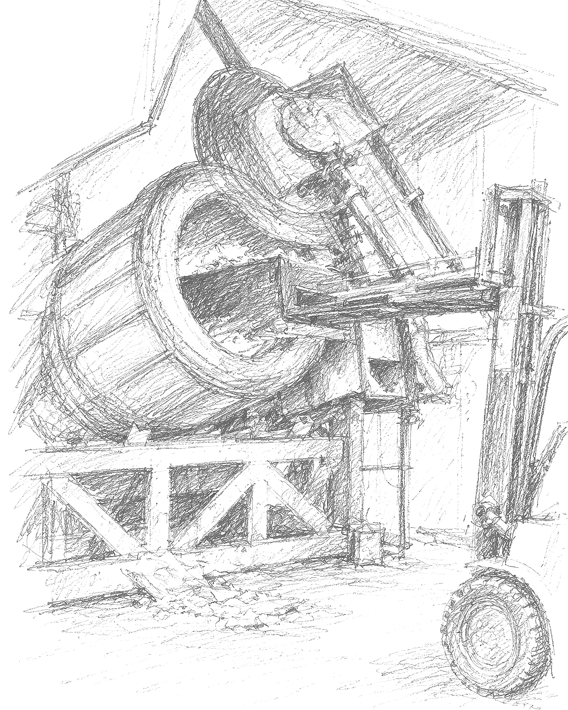 Sketch of a large industrial machine used for processing or manufacturing, with a cylindrical drum and mechanical arms, positioned on a platform with support beams.