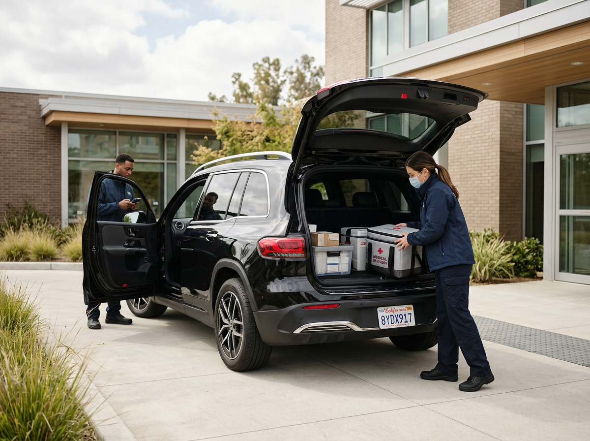 Medical courier transporting healthcare supplies throughout California's Central Valley.