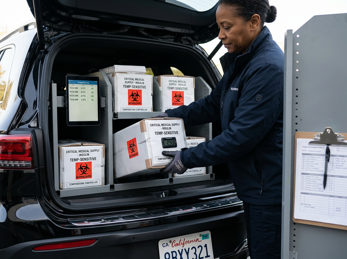 Medical courier transporting temperature-sensitive medical supplies for healthcare facilities in Central California.