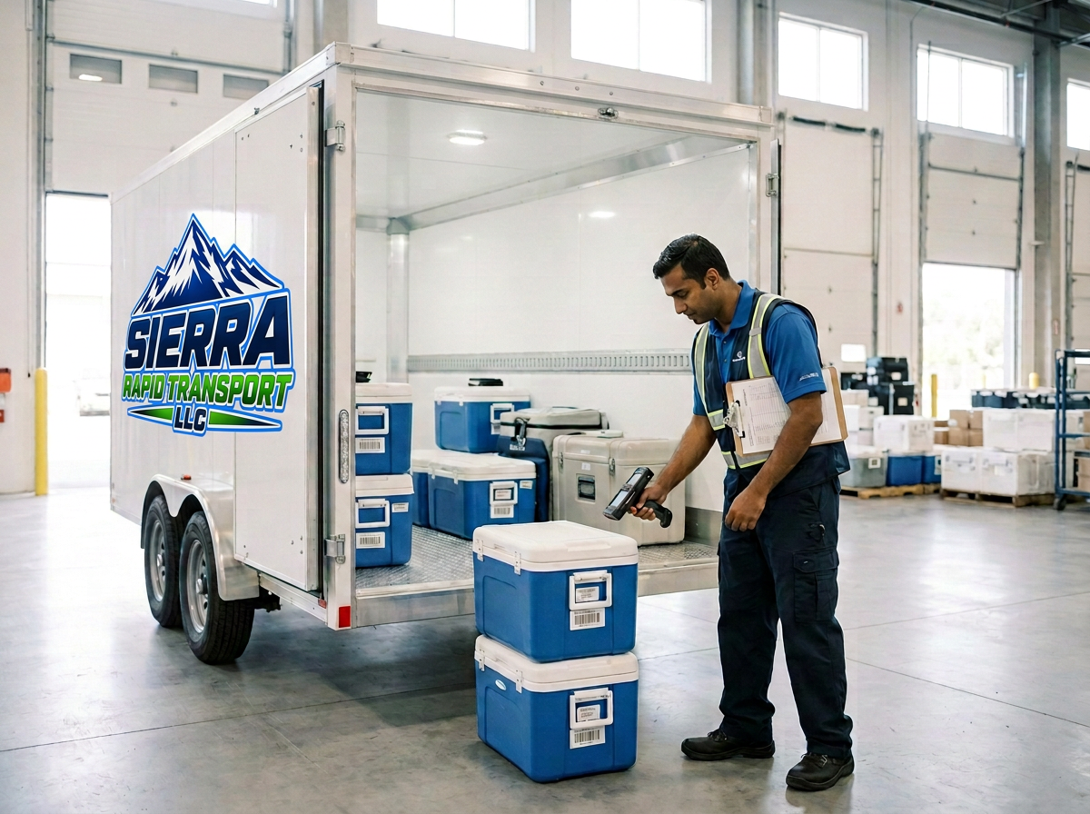Temperature sensitive medical courier shipment being tracked before delivery by Sierra Rapid Transport.