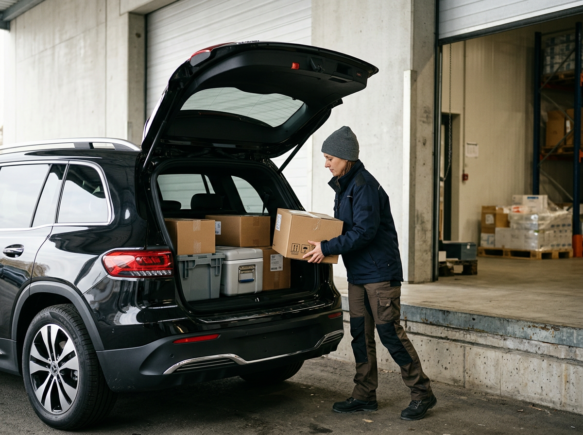 Medical courier unloading healthcare supplies for same-day delivery in Central California.