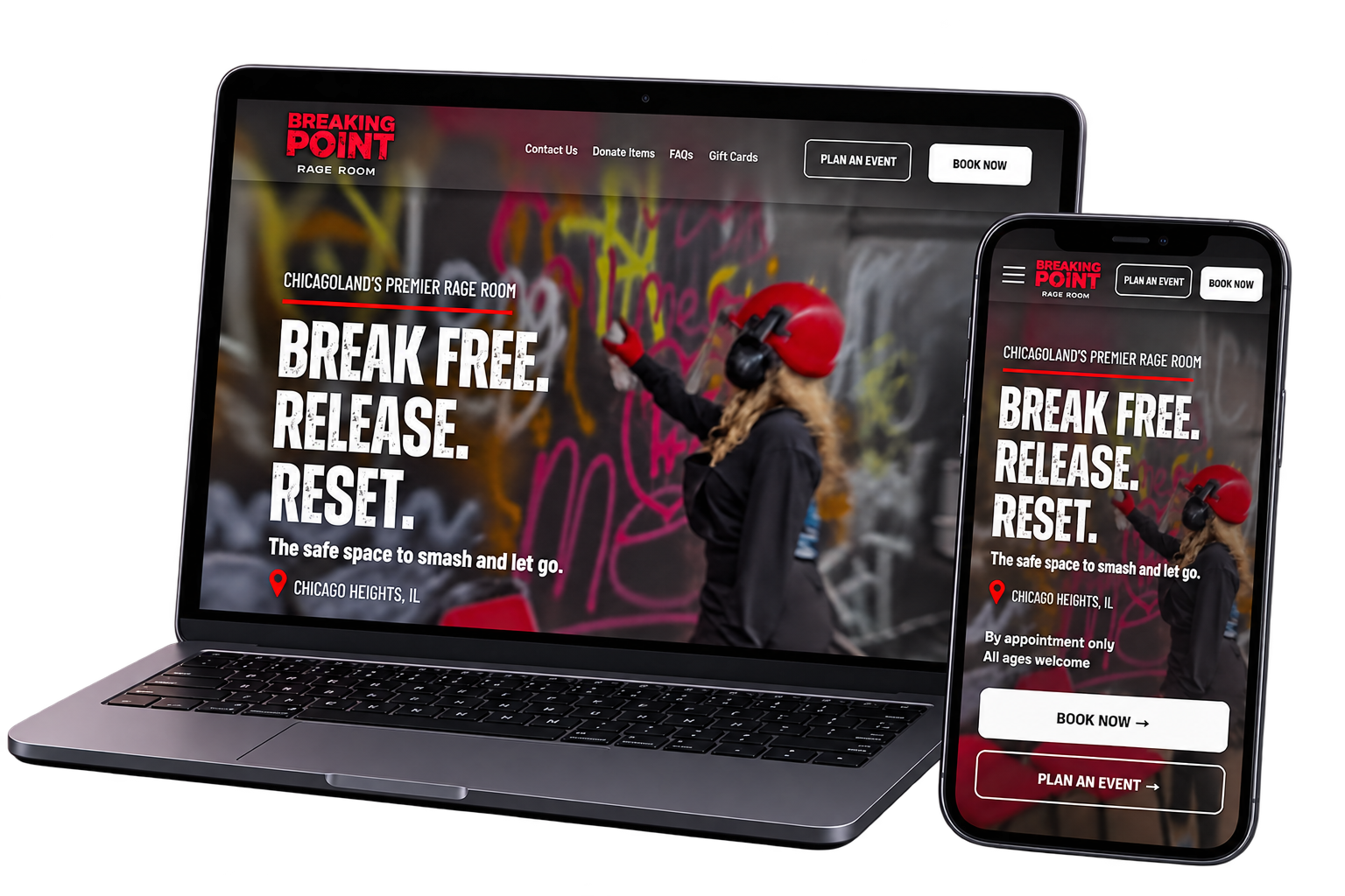 Breaking Point Rage Room website displayed on laptop and mobile devices