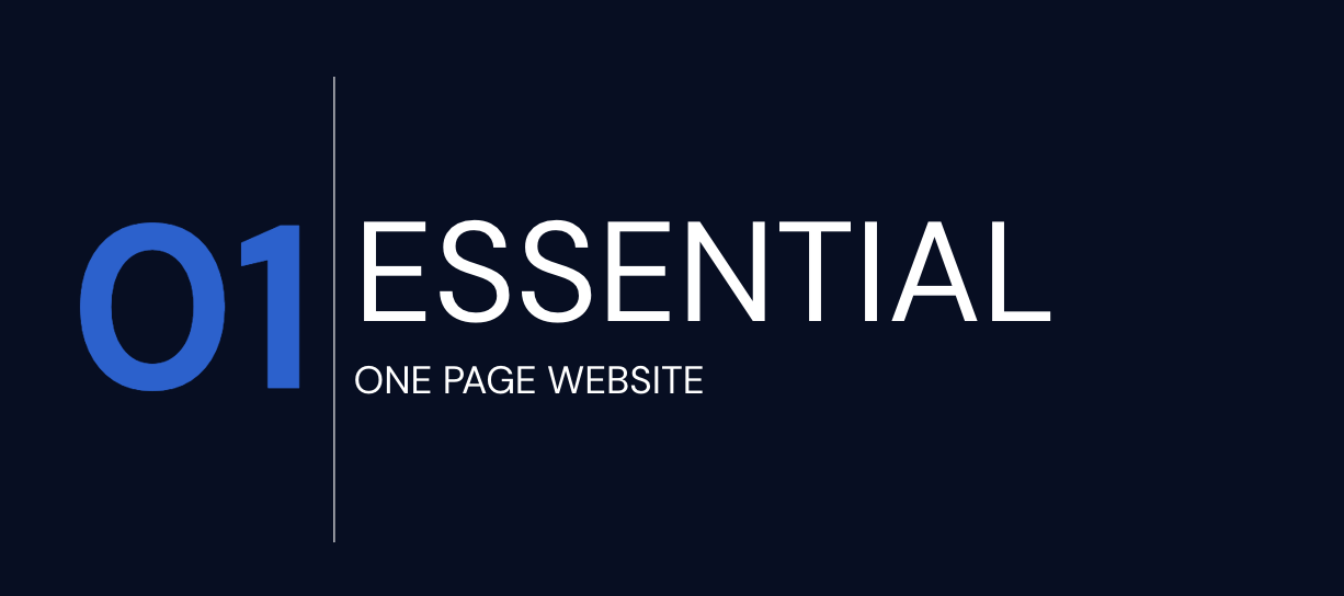 A black background slide with the text '01 ESSENTIAL ONE PAGE WEBSITE' in large font, with '01' in blue and the rest in white.