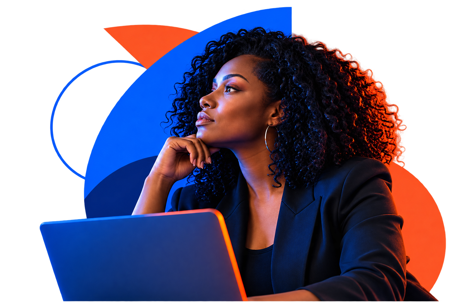 a woman with an open laptop staring into the distance