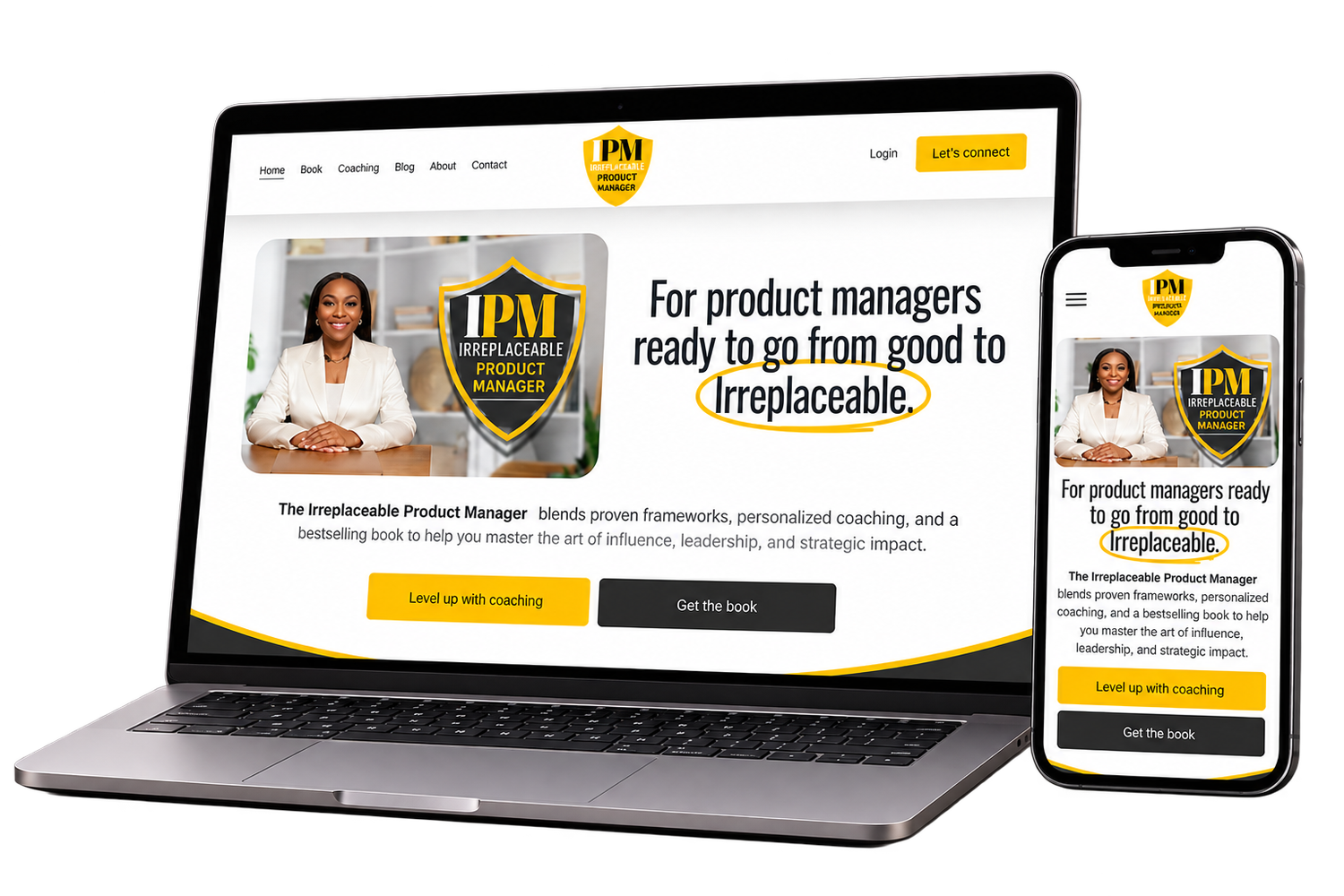 Irreplaceable Product Manager website displayed on laptop and mobile devices